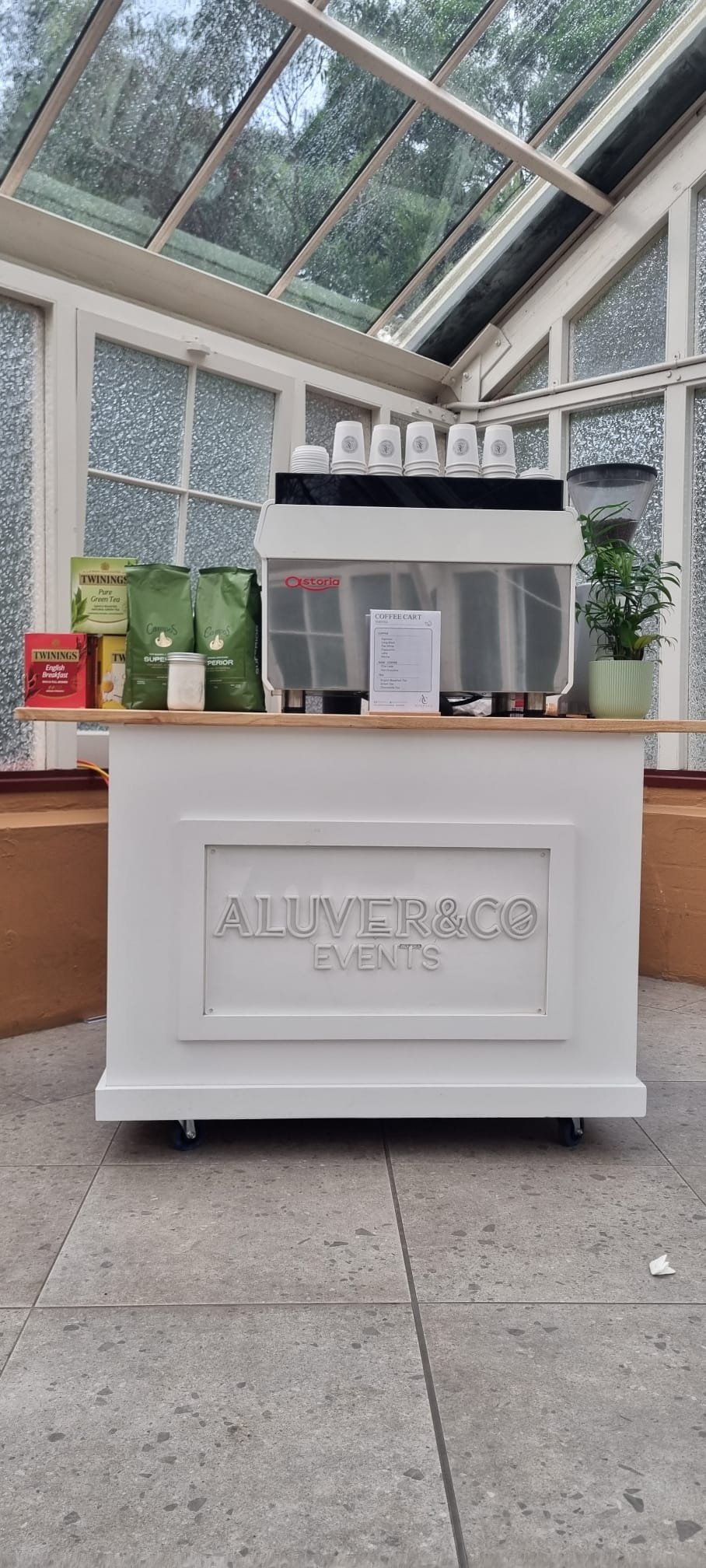 Barista coffee cart with Aluver and Co branding